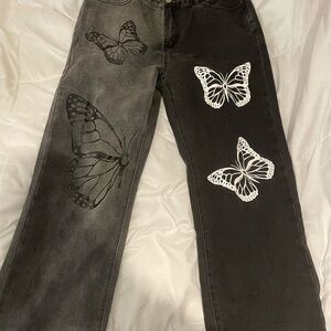 Black and Gray Flare Jeans with Butterfly Design